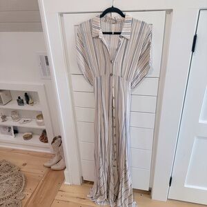 Free People Rowan Striped Beige and Blue Button Down Maxi Dress Size Small